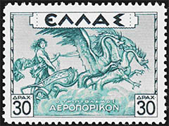 Triptolemus, purported to have ridden his Chariot across Greece to educate the people in the art of agriculture on stamp